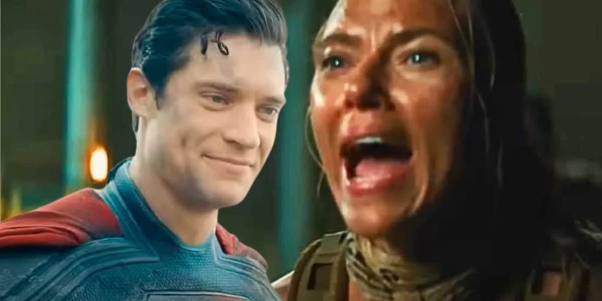 Split image: Left, Superman (David Corenswet) smiling, Right - Zora Bennett (Scarlett Johansson) screaming in 'Jurassic World Rebirth'