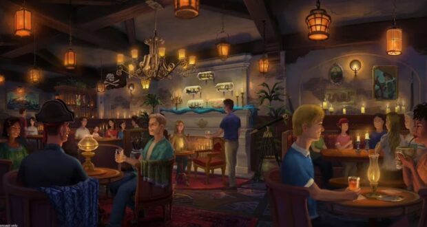 Concept art for The Beak and Barrel, a family-friendly lounge inspired by Pirates of the Caribbean coming to Walt Disney World in 2025