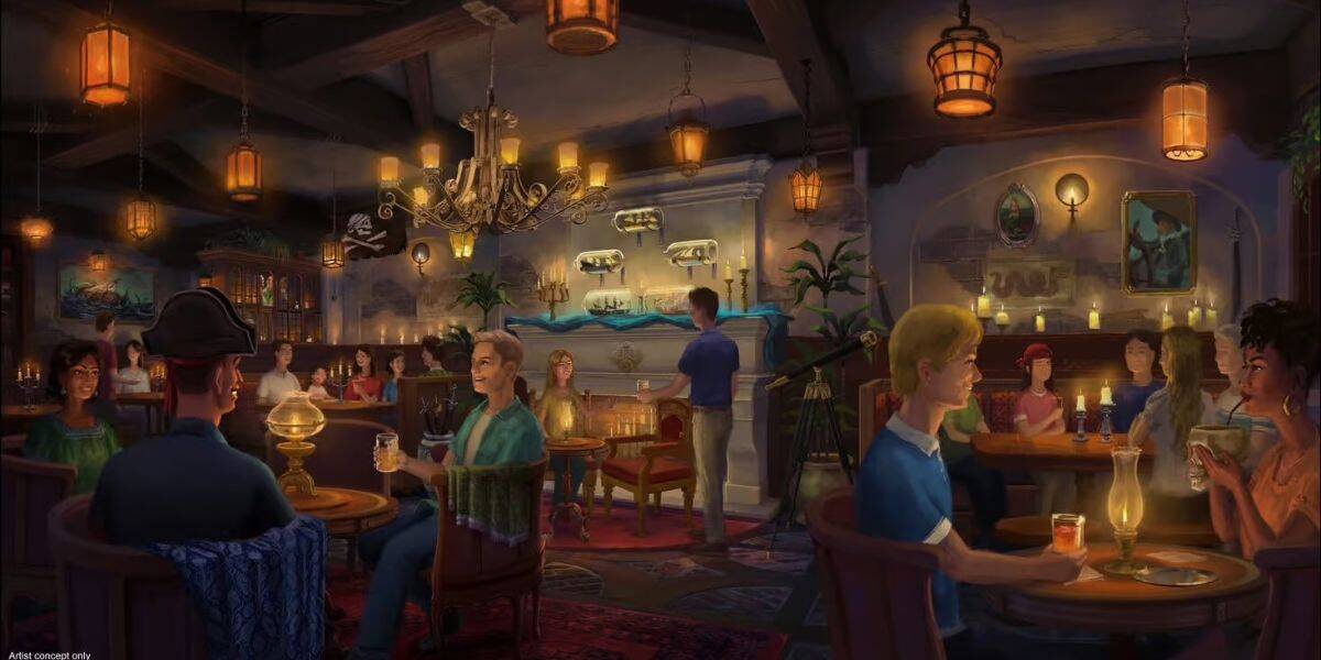 Concept art for The Beak and Barrel, a family-friendly lounge inspired by Pirates of the Caribbean coming to Walt Disney World in 2025
