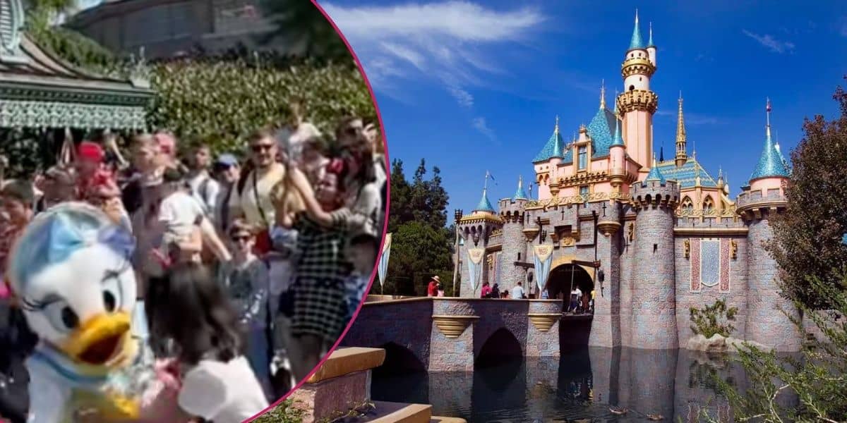 Left: Daisy Duck intercepts a child who walked into a Disney parade. Right: Sleeping Beauty Castle at Disneyland.