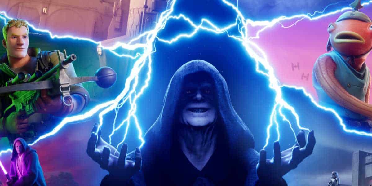 A hooded figure conjures blue lightning in the center, with colorful Fortnite characters and dramatic backgrounds on either side, blending gaming and fantasy elements.