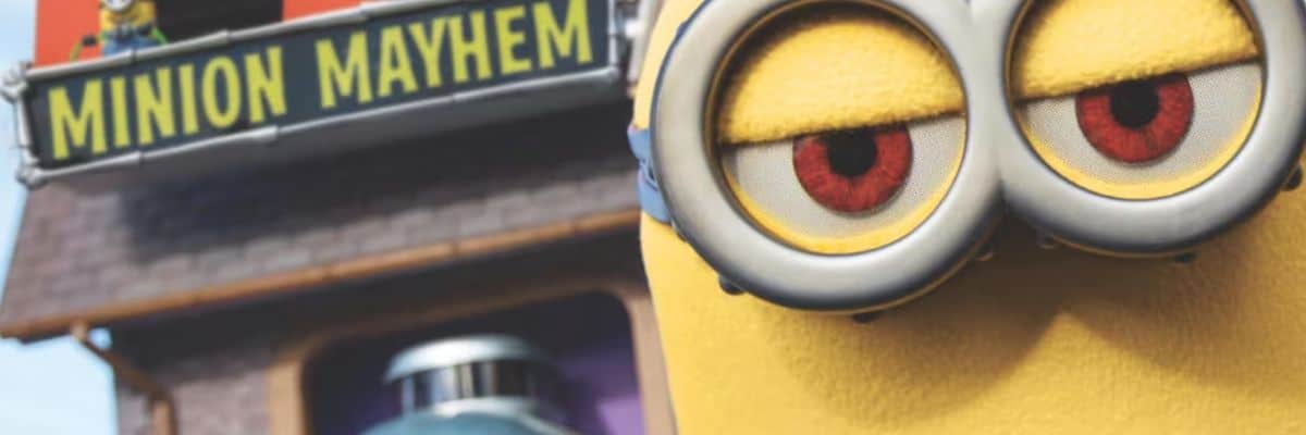A Minion next to the entrance for Despicable Me Minion Mayhem at Universal Studios Florida 