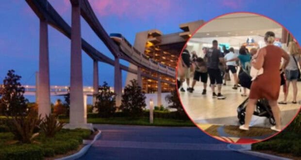 A monorail passes by elevated tracks at sunset near a hotel. In a circular inset, people walk inside a mall or airport; a woman in a brown dress holds a child while a man in black is on the floor.