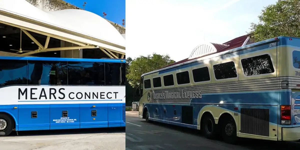 Two blue buses parked outdoors: on the left, a modern bus labeled "MEARS CONNECT"; on the right, a vintage-style bus with white and blue stripes and large windows, parked near trees.