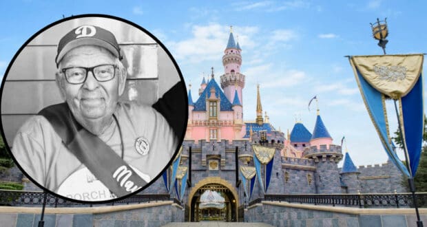 A black-and-white portrait of an elderly man in a cap and glasses is shown in a circular frame overlaid on a color photo of Disneyland’s Sleeping Beauty Castle. The man wears a sash and a shirt with a visible "D" on his cap.