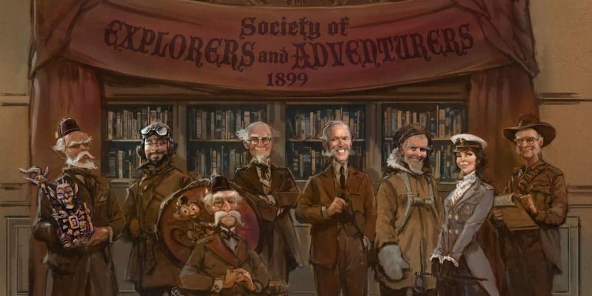 A group of eight people in period explorer outfits pose under a banner reading "Society of Explorers and Adventurers 1899," with bookshelves in the background.
