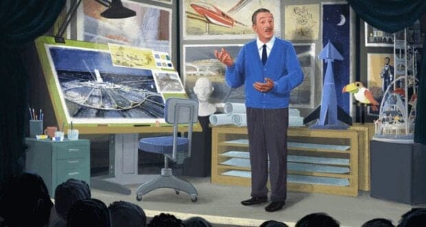 An animated man in a blue sweater speaks to an audience, standing in a studio with sketches, models of futuristic buildings, a rocket, and a bird model behind him. A large drawing desk and art supplies are also visible.