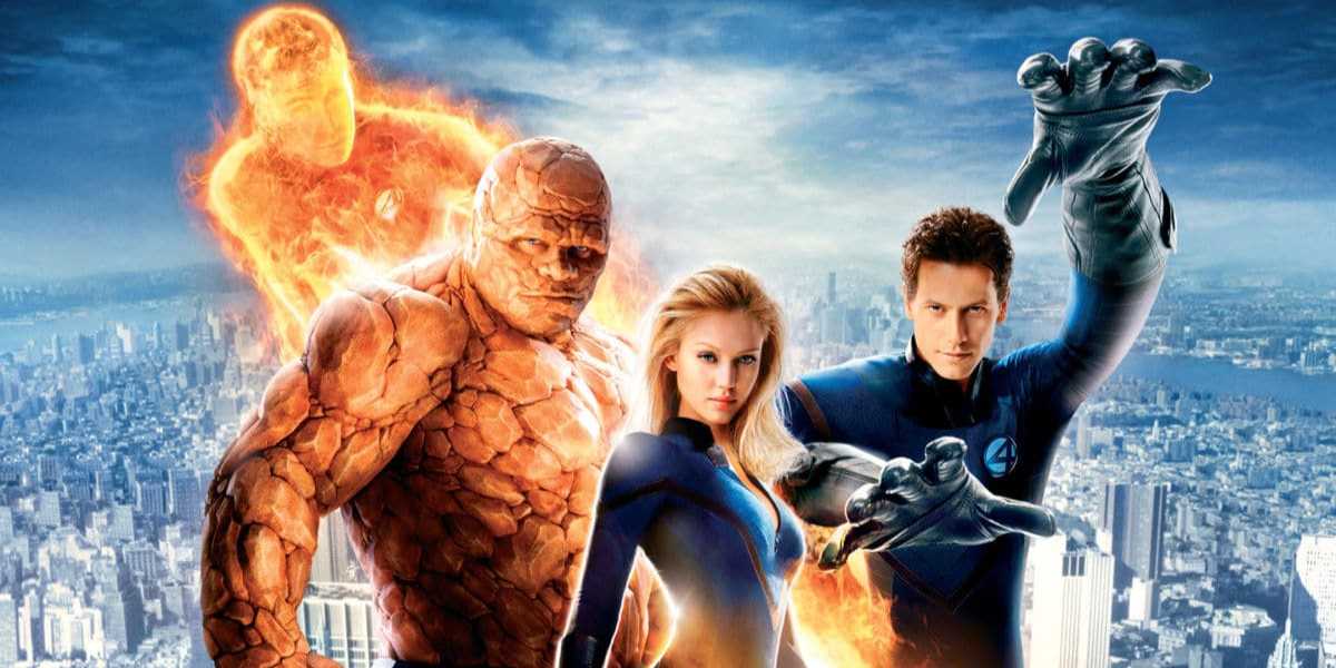 Four superheroes from the MCU pose on a city rooftop: a flaming man, a rock-skinned figure, a blonde woman, and a man in blue with stretching arms, all in blue suits bearing the number 4 emblem. The city skyline stretches behind them.