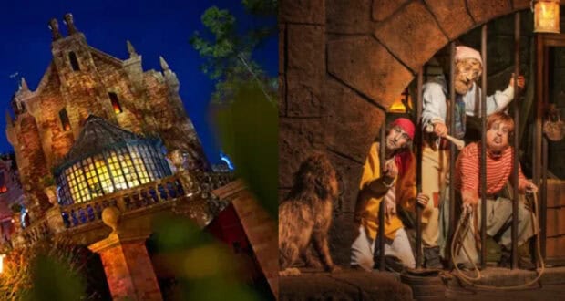 Pirates of the Caribbean (left) and Haunted Mansion (right) at Magic Kingdom
