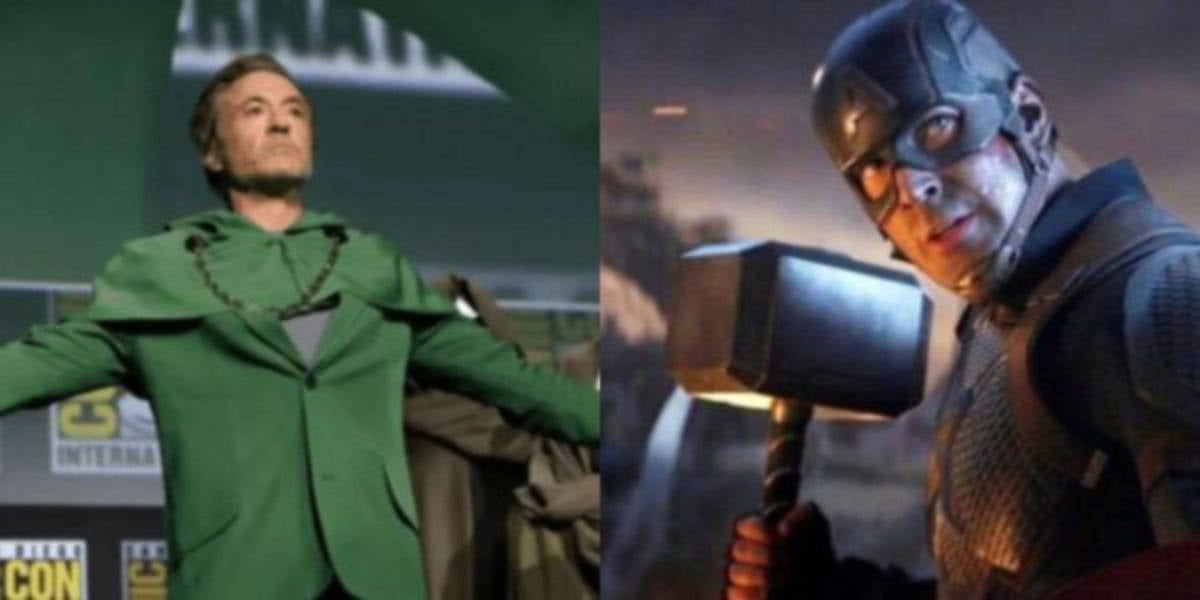 Split image: On the left, a man in a green suit with arms outstretched stands on stage. On the right, an MCU superhero in a helmet wields a large hammer, looking determined in a dramatic Avengers: Endgame scene.