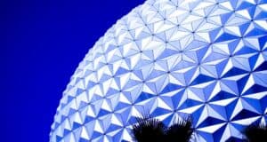 A close-up view of Spaceship Earth at EPCOT during the day.