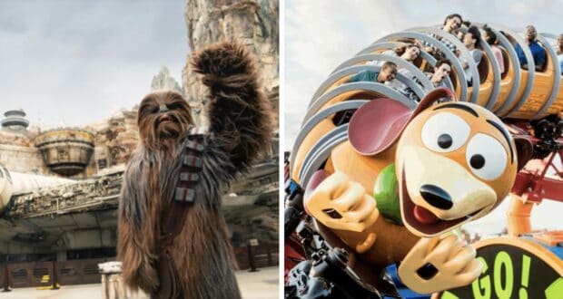 Left: Chewbacca in Star Wars: Galaxy's Edge. Right: Slinky Dog Dash in Toy Story Land. Both photos are from Disney's Hollywood Studios.