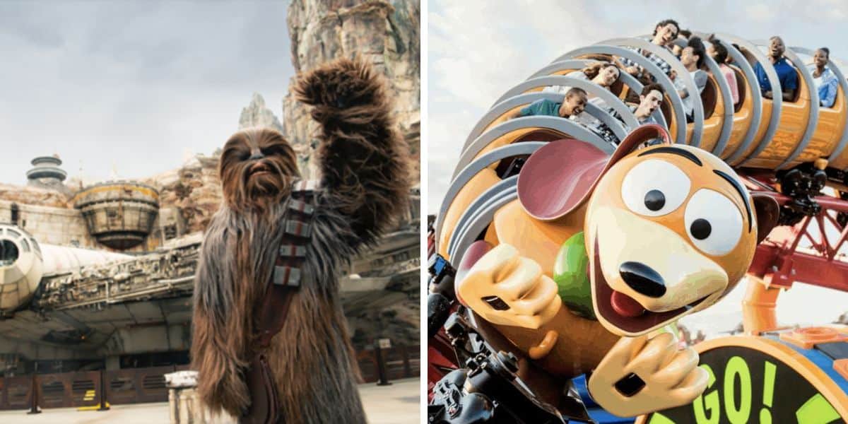 Left: Chewbacca in Star Wars: Galaxy's Edge. Right: Slinky Dog Dash in Toy Story Land. Both photos are from Disney's Hollywood Studios.