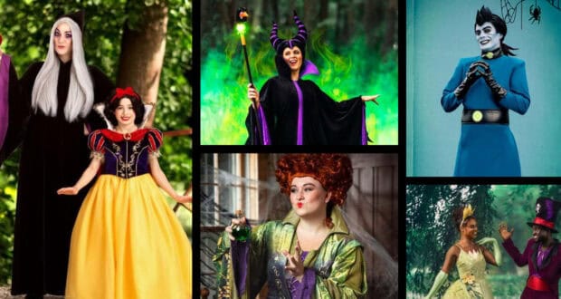 A collage of people in vibrant Disney Costumes, featuring villains and heroes like the Evil Queen with Snow White, Maleficent, Hades, Winifred Sanderson, and Princess Tiana with the Mad Hatter.