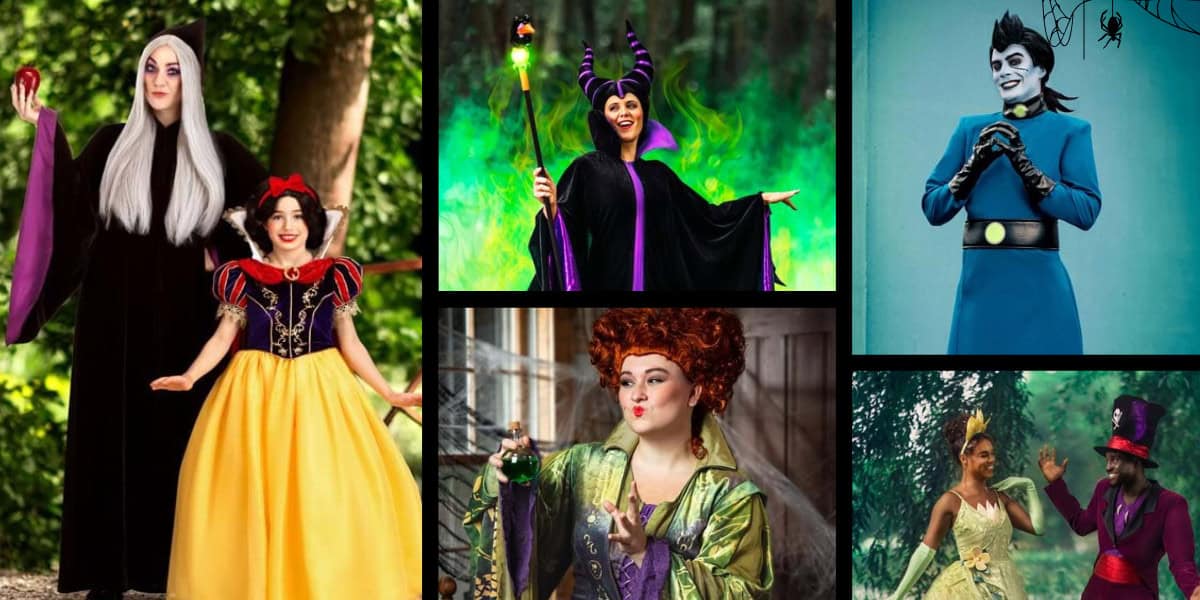 A collage of people in vibrant Disney Costumes, featuring villains and heroes like the Evil Queen with Snow White, Maleficent, Hades, Winifred Sanderson, and Princess Tiana with the Mad Hatter.