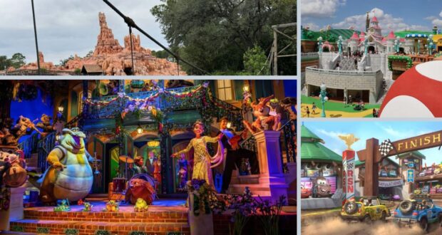 A collage of theme park attractions, including a mountain ride, a colorful castle play area, an animated musical stage scene, and a vibrant car racing track with a finish line.