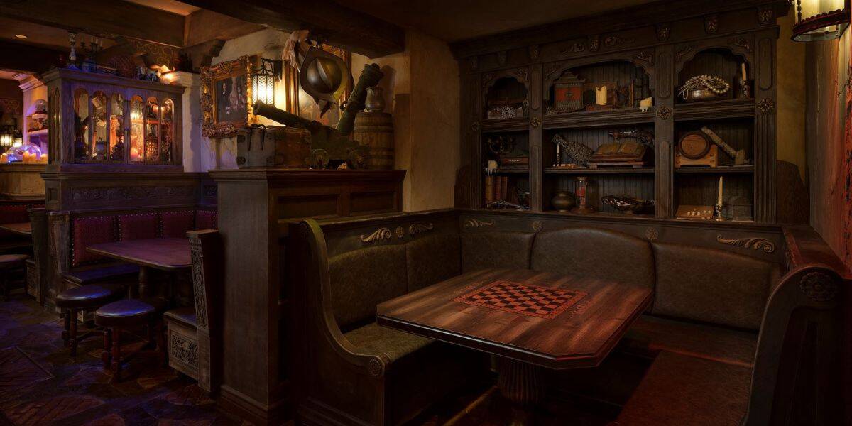 A dimly lit, medieval-style tavern with dark wooden booths, a chessboard on the table, shelves filled with books and antiques, and warm, ambient lighting.