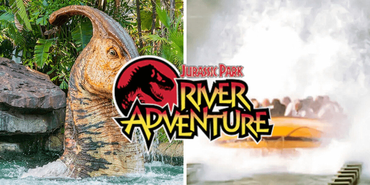 Split image: on the left, a dinosaur animatronic next to rocks and greenery; on the right, a boat splashes down into water. "Jurassic Park River Adventure" logo is overlaid in the center.