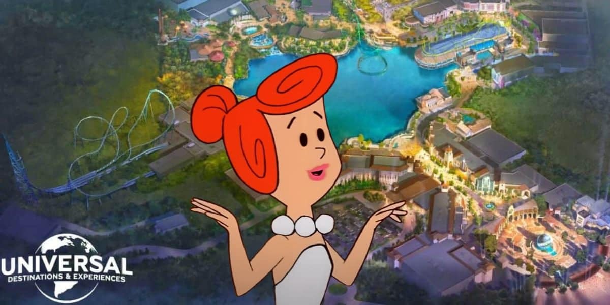 Mixed image: Wilma from 'The Flintstones' in the foreground, the Universal Studios GB concept art in the background
