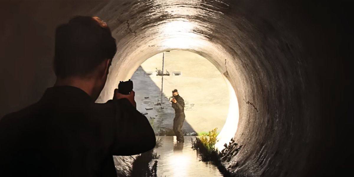 James Bond aiming at an enemy in a tunnel in "007 First Light"