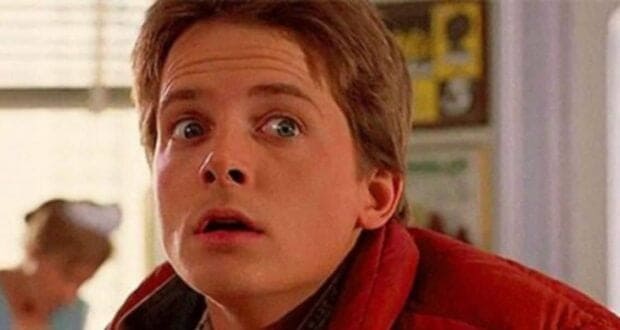 Marty McFly (Michael J Fox) shocked in 'Back to the Future'