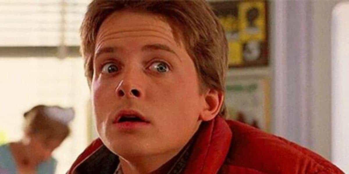 Marty McFly (Michael J Fox) shocked in 'Back to the Future'