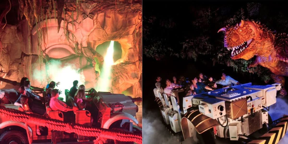 Split image: On the left, people in a jeep on a jungle-themed ride with red lighting and mist. On the right, riders in a vehicle face a large animatronic dinosaur in a dark, foggy setting.
