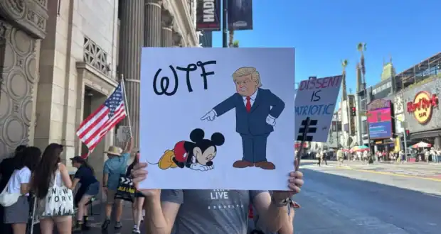 A person holds a sign showing a cartoon of Donald Trump pointing at a sad, kneeling Mickey Mouse with "WTF" above them. People and American flags are visible on a city street in the background.