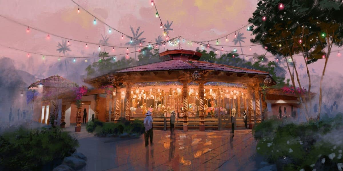 Concept art for the 'Encanto' (2021) carousel in Pueblo Esperanza, the Tropical Americas area replacing DinoLand U.S.A. at Disney's Animal Kingdom Theme Park.
