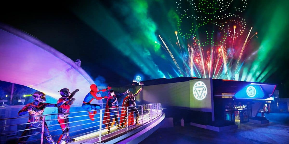 Drones above Stark Expo Marvel theme park land