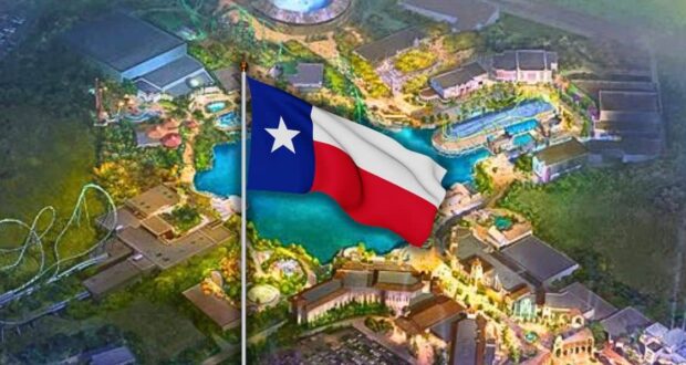 An illustrated aerial view of an amusement park with a large Texas state flag prominently displayed in the foreground. The park features rides, buildings, and a central water area, all brightly lit at night.