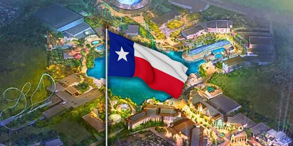 An illustrated aerial view of an amusement park with a large Texas state flag prominently displayed in the foreground. The park features rides, buildings, and a central water area, all brightly lit at night.