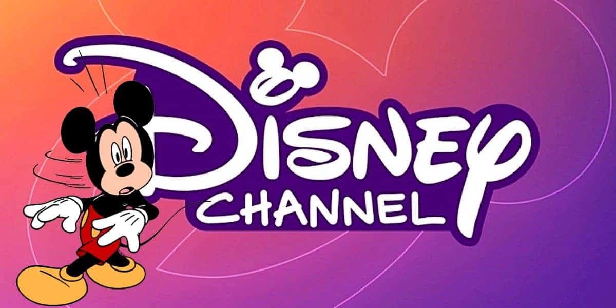 Mickey Mouse stands beside the Disney Channel logo on a purple-orange gradient background with a faint Mickey silhouette outline.