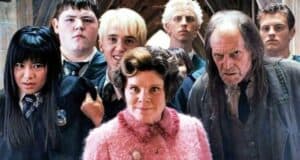 Dolores Umbridge (Imelda Staunton), Draco Malfoy (Tom Felton), and other Harry Potter bad guys ringed around a doorway.