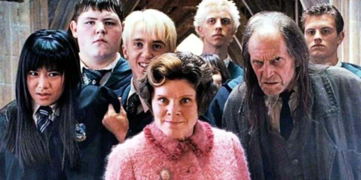 Dolores Umbridge (Imelda Staunton), Draco Malfoy (Tom Felton), and other Harry Potter bad guys ringed around a doorway.