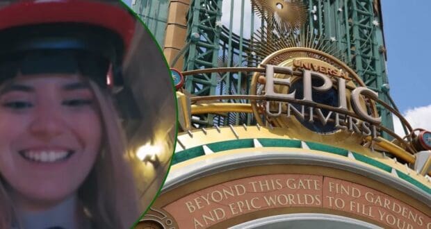Left: A woman in line for Mario Kart: Bowser's Challenge. Right: The main portal into Universal Epic Universe.