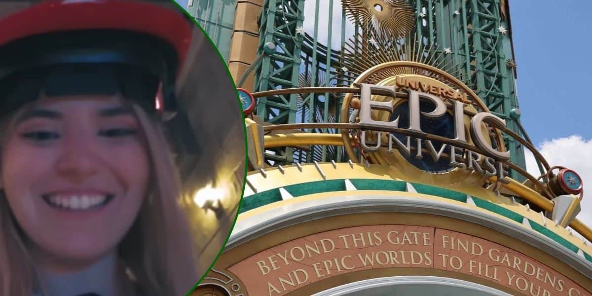 Left: A woman in line for Mario Kart: Bowser's Challenge. Right: The main portal into Universal Epic Universe.