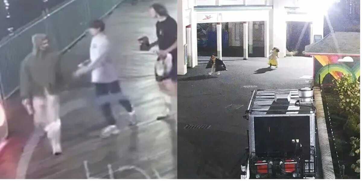 Side-by-side surveillance images: Left shows three people walking on a sidewalk at night; right shows two people near a building entrance and a small structure, with one person dressed in a yellow outfit.