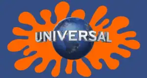 A blue globe with "UNIVERSAL" text in silver letters is centered over an orange splatter shape, all set against a blue background.