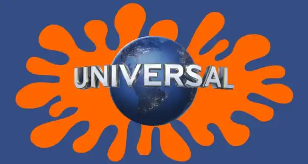 A blue globe with "UNIVERSAL" text in silver letters is centered over an orange splatter shape, all set against a blue background.