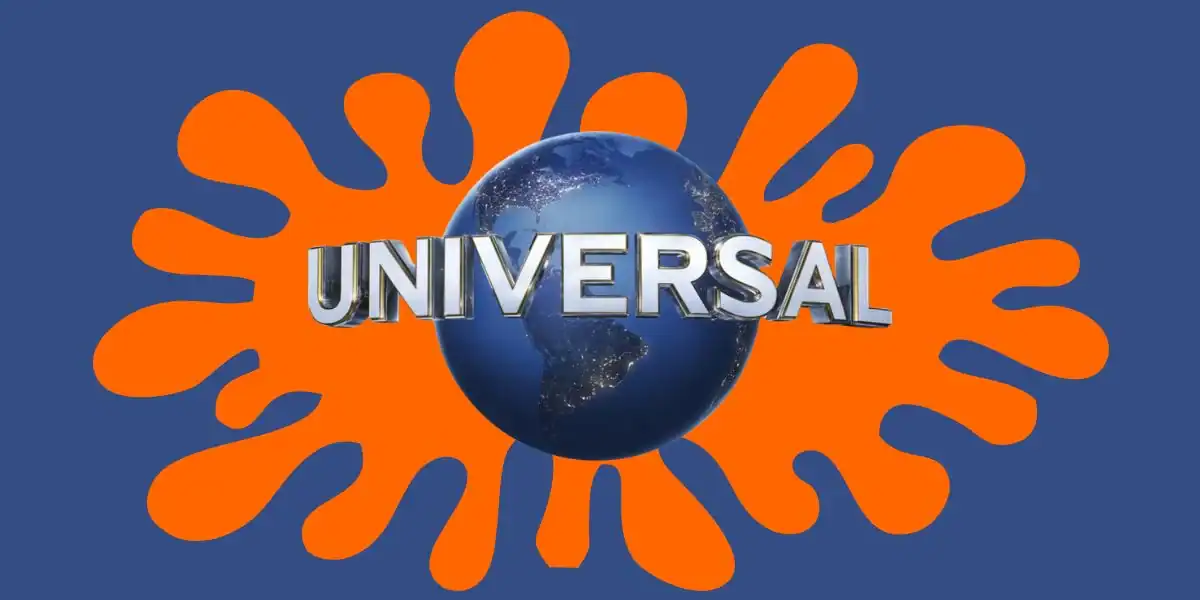 A blue globe with "UNIVERSAL" text in silver letters is centered over an orange splatter shape, all set against a blue background.