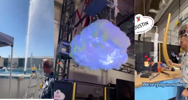 A collage of three images: left shows a water jet spraying into a pool, center shows a glowing artificial cloud indoors, and right shows a man holding a long flexible light in a tech lab with the text “We're tying in modern.”.
