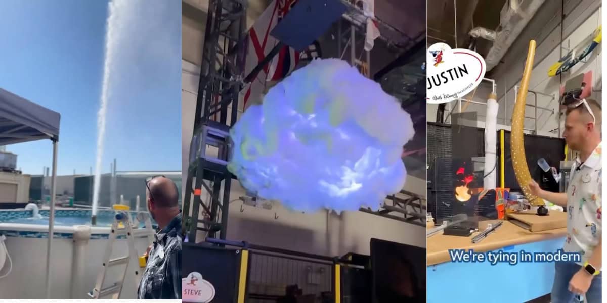 A collage of three images: left shows a water jet spraying into a pool, center shows a glowing artificial cloud indoors, and right shows a man holding a long flexible light in a tech lab with the text “We're tying in modern.”.