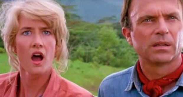 Ellie Sattler (Laura Dern) and Alan Grant (Sam Neill) seeing the Brachiosaur for the first time in 'Jurassic Park'