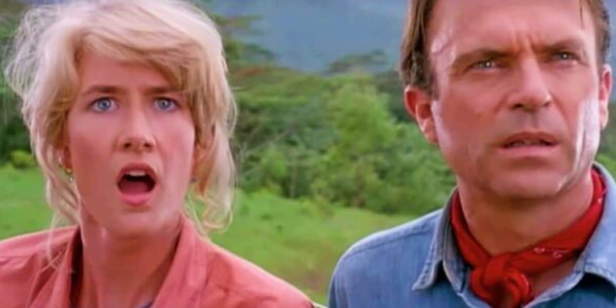 Ellie Sattler (Laura Dern) and Alan Grant (Sam Neill) seeing the Brachiosaur for the first time in 'Jurassic Park'