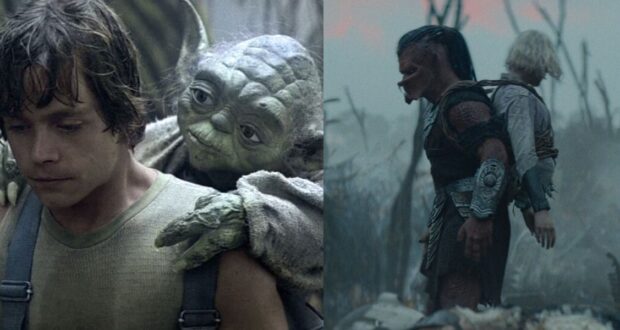 A split image: Luke and Yoda on the left from 'Star Wars' , Dek and Thia on the right from 'Predator: Badlands'