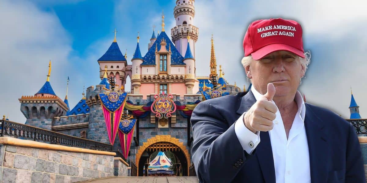 Trump edited in front of Sleeping Beauty Castle at Disneyland, giving a thumbs-up while wearing a MAGA hat.
