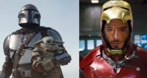 The Mandalorian and Grogu join Iron Man in his armor, ready for an Avengers: Doomsday team-up at a future Disney Parks event.