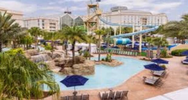 Thrilling resort pool zone with palm trees, winding water slides, lounge seating, shaded umbrellas, and towering hotel backdrops.