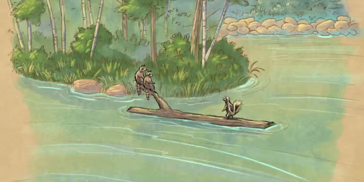 Two raccoons lounge on a log drifting through Adventure River, passing by a themed island with lush trees and rocky scenery.